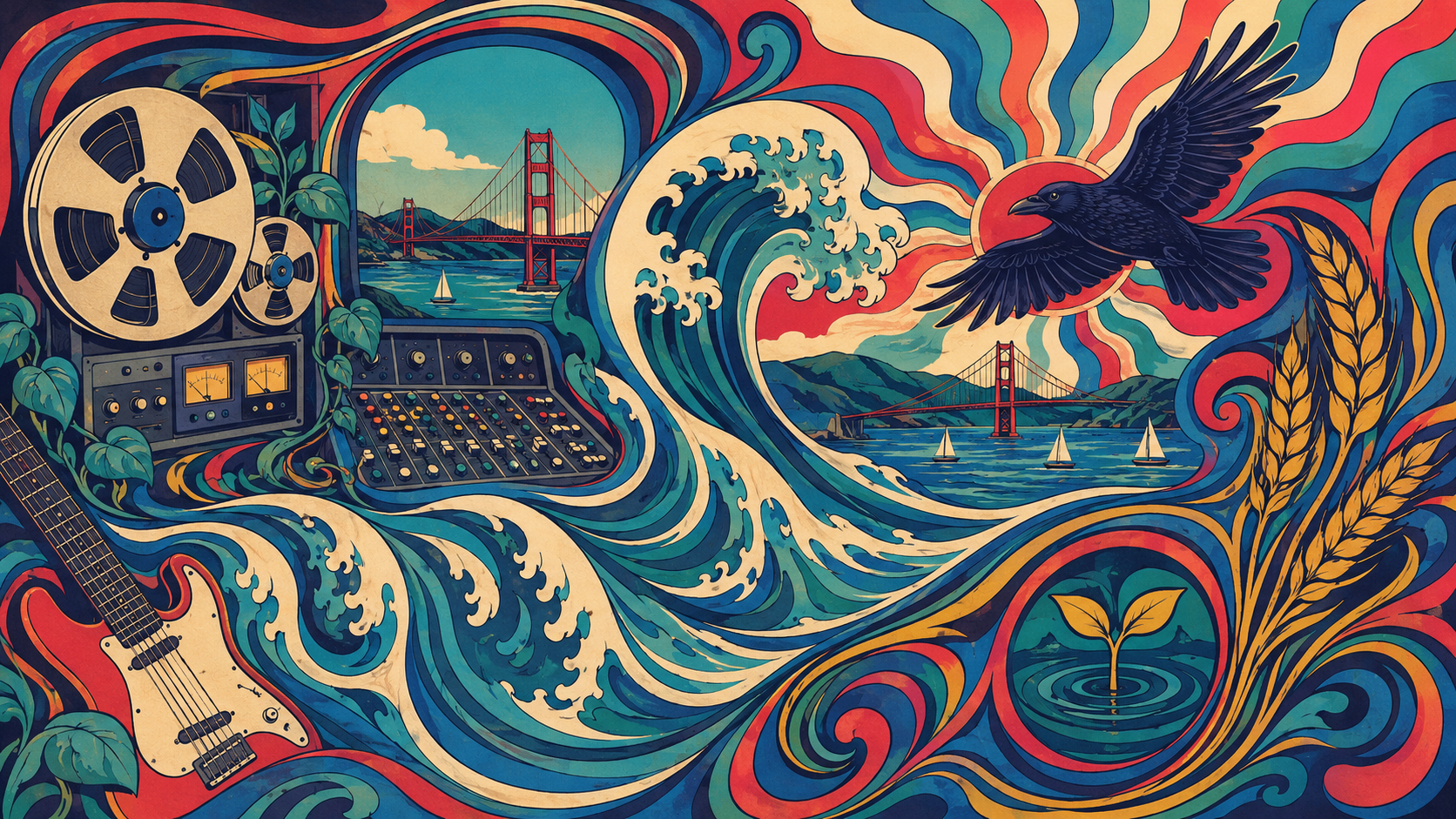 Psychedelic illustration of a recording studio, the Golden Gate Bridge, and a Sausalito wave.