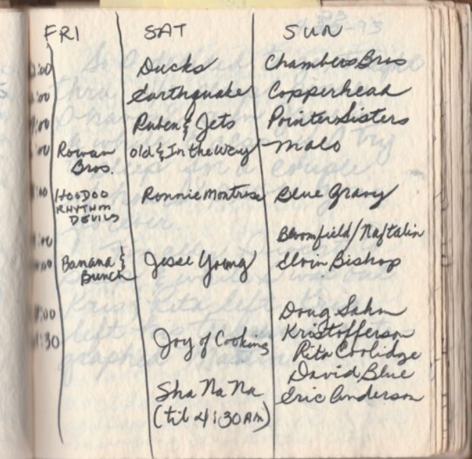 A page from Raechel Donahue's notebook listing Record Plant live broadcast acts including Old & In The Way, Ronnie Montrose, Jesse Colin Young, Elvin Bishop, Joy of Cooking, and Sha Na Na.