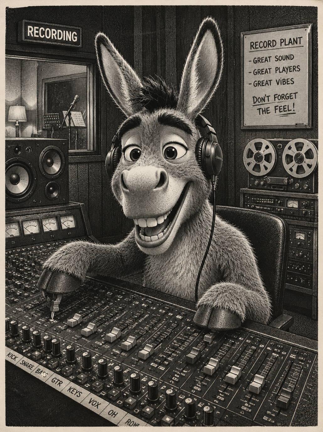 Donkey at the mixing console on Mix One, 1979