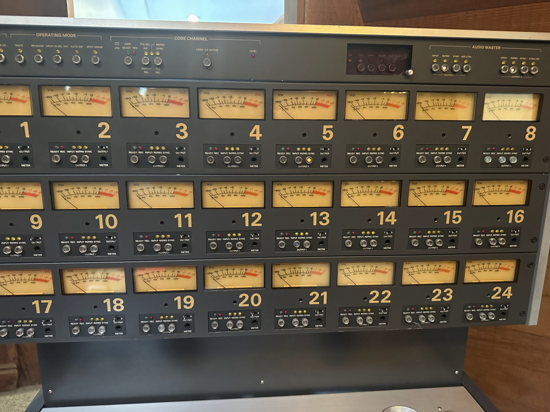 24-channel VU meter bridge from a vintage multitrack tape machine at 2200 Studios