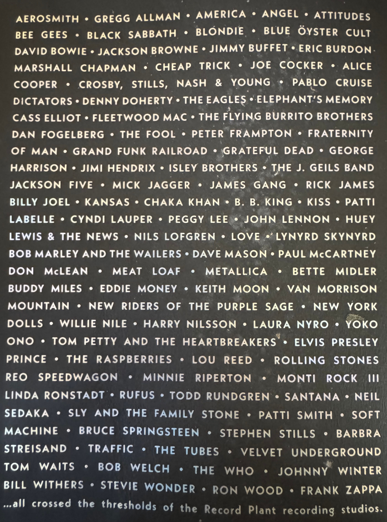 Back cover of Buzz Me In: Inside the Record Plant Studios showing the 96-artist roster